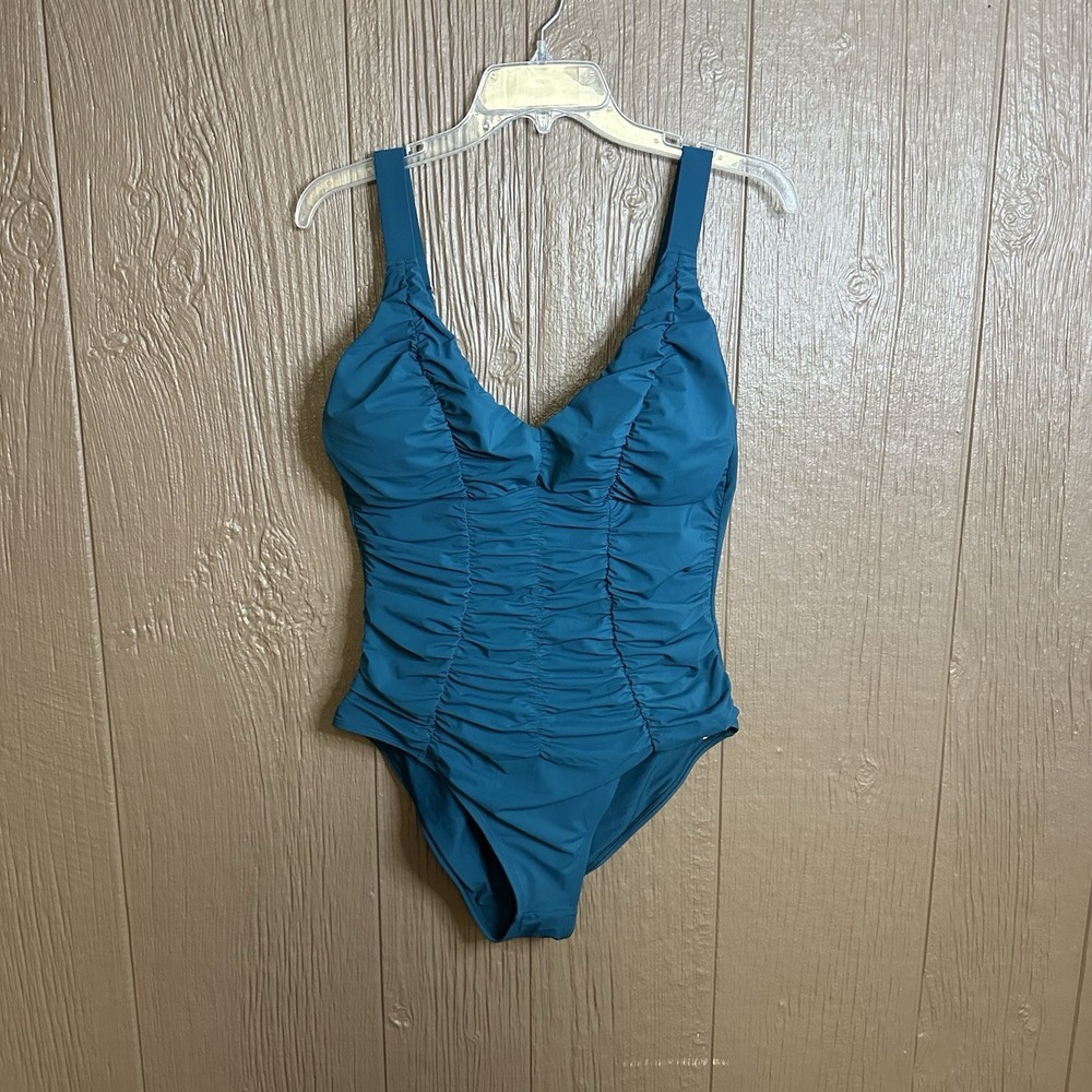 NWT Shapellx Teal Ruched One-Piece Swimsuit Sz L V Neck Adjustable Cross Back